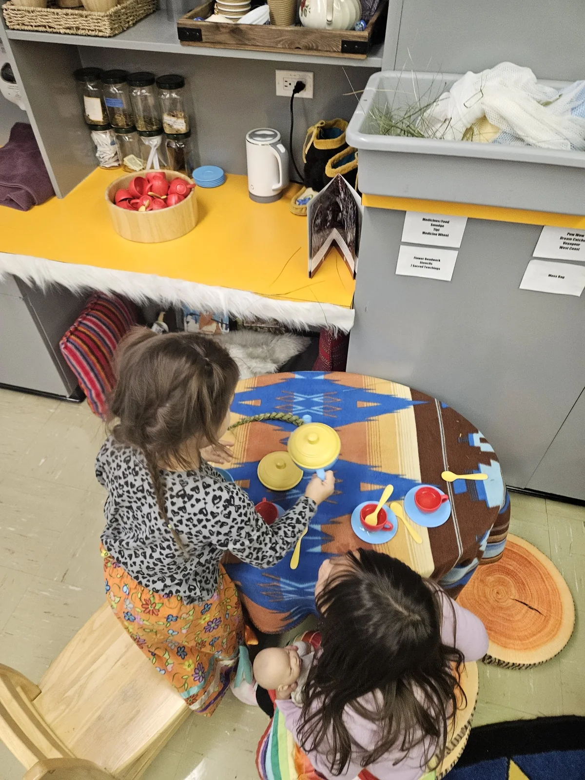 Children gathered close around the painted table with an adult helping.