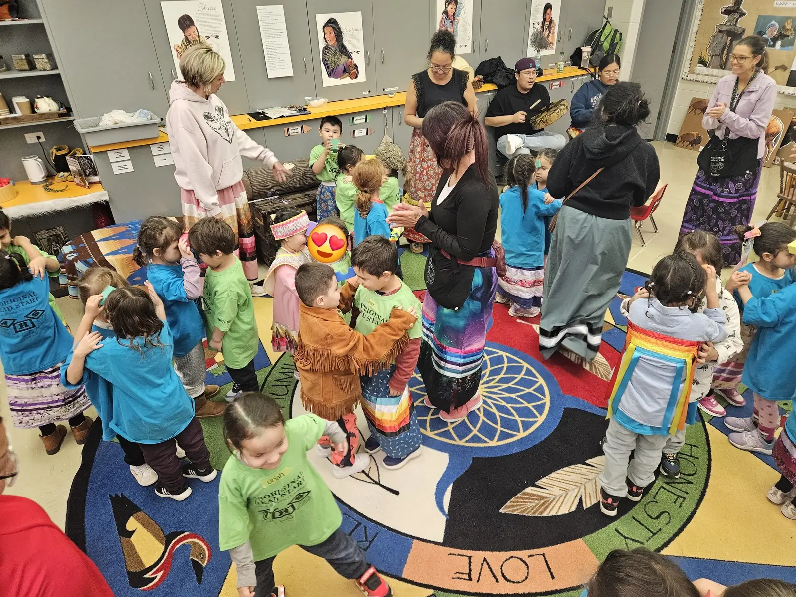 Children reaching in towards the middle of the circle.