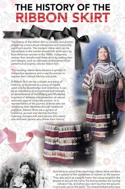 A printed poster titled The History of the Ribbon Skirt, with archival photographs and several paragraphs on the skirt's origins and meaning.